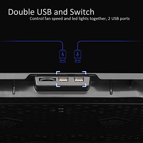 AICHESON Laptop Cooling Pad 5 Fans Up to 17.3 Inch Heavy Notebook Cooler, Blue LED Lights, 2 USB Ports, S035, Blue-5fans
