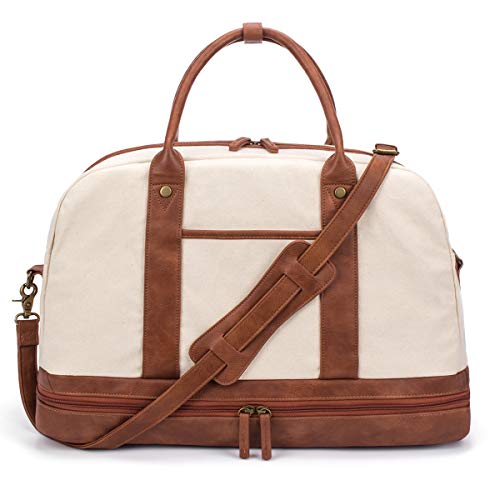 Weekender Bag for Women Canvas Overnight Bag Large Travel Bags for Women Carry on Shoulder Duffle Bag With Shoe Compartment,Perfect for Travel/Daily Use/Birthday Gift (Beige)
