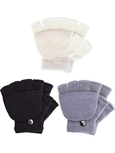 3 Pairs Kids Fingerless Mittens Convertible Flip Top Gloves Children for boys girls