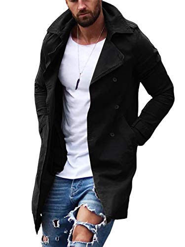 Gafeng Mens Double Breasted Trench Coat Notched Lapel Casual Slim Fit Cotton Long Windbreaker Overcoat Black