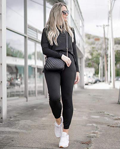 Women's Black Sweatsuit with Crewneck Top and Long Pants