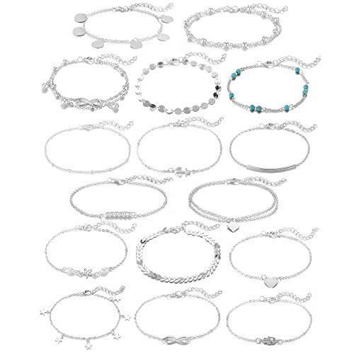 Softones 16Pcs Ankle Bracelets for Women Girls Gold Silver Two Style Chain Beach Anklet Bracelet Jewelry Anklet Set,Adjustable Size