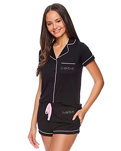 bebe Women's Black Button Down Pajama Set, Large