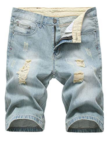 Lavnis Men's Casual Denim Shorts Classic Fit Distressed Summer Fashion Ripped Short Jeans Light Blue 36