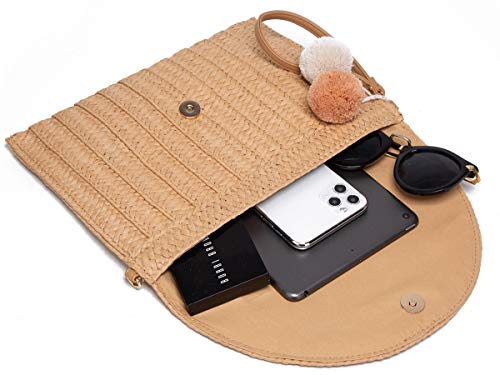 Straw Shoulder Bag Straw Clutch Women Hand-woven Straw Crossbody Bag Summer Beach Envelope Purse Wallet Khaki
