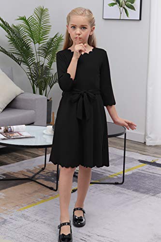 Girls' Scalloped Edge A-Line Dress with Belt and Pockets (Black, 4-14T)