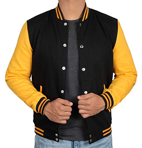 Decrum Black and Yellow Varsity Jackets for Men [40020013] | Plain Yellow Sleve, M