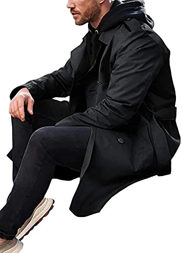 Mens Trench Coat Slim Fit Double Breasted Long Jacket Notched Lapel Belt Fall Windproof Coat