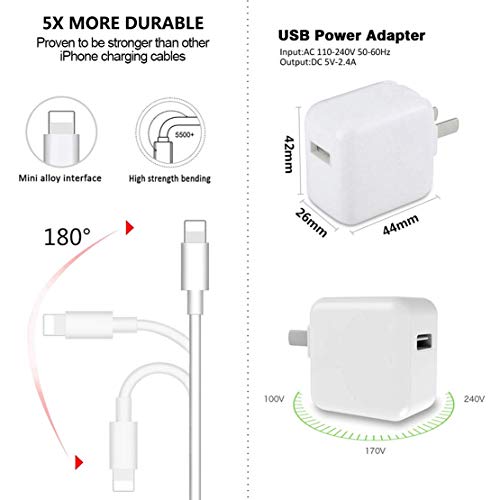 Original 2.4A 12W USB Wall Charger and 2 Pack Charging Cable for iPhone and iPad