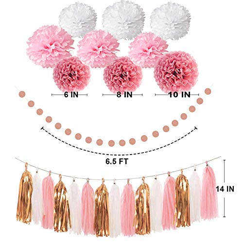 Pink Rose Gold Birthday Party Decorations Set, Rose Gold Glittery Happy Birthday banner, Tissue Paper Pom, Circle Dots Garland and Tassel Garland for Birthday Party Decorations
