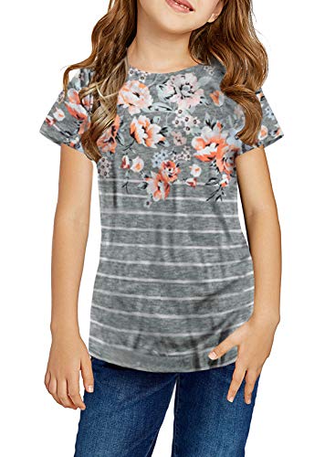 Striped Flower Print Colorblock T-Shirt (Girls, Short Sleeve, Sweat, Cute Twist, Gray, Size 12-13)