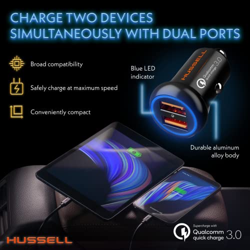 Mini Fast Charge Car Charger - Hussell Aluminum Dual USB Port Adapter for iPhone and Galaxy