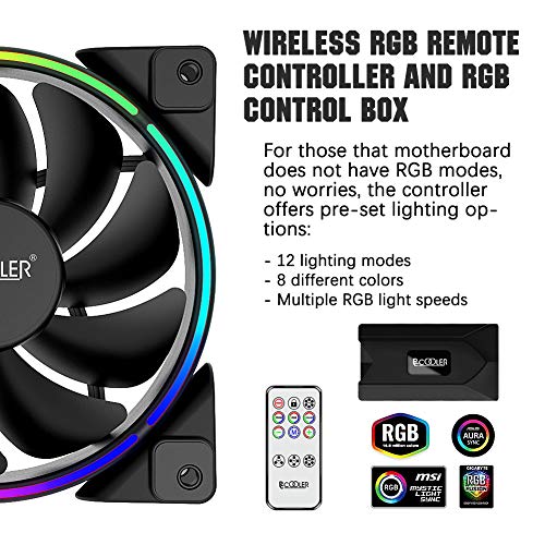 Pccooler 120mm Fan Moonlight Series 5 in 1 Kit Upgrade,PC-5M120 ARGB LED Computer Case Fan - PWM Cooling Fan - Dual Light Loop Quiet Fan/Multiple Light Modes with Wireless Controller for PC Case