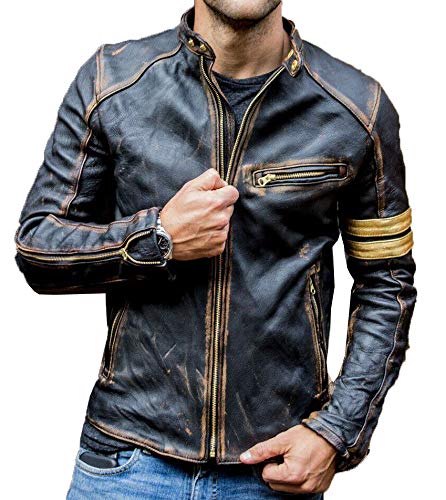 Mens Vintage Cafe Racer Retro Motorcycle Distressed Biker Leather Jacket (M - Suitable for Chest Size 38