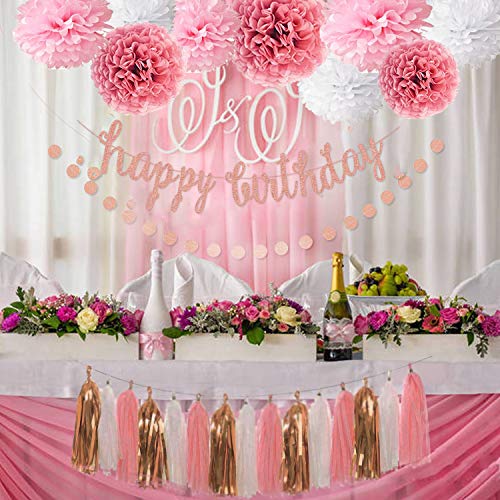 Pink Rose Gold Birthday Party Decorations Set, Rose Gold Glittery Happy Birthday banner, Tissue Paper Pom, Circle Dots Garland and Tassel Garland for Birthday Party Decorations