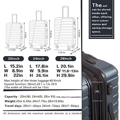 COOLIFE Luggage Expandable(only 28'') Suitcase PC ABS TSA Lock Spinner Carry on new fashion design (gray, 3 piece set)