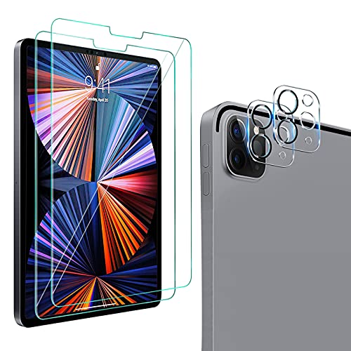 [2+2 Pack] QHOHQ Tempered Glass Screen Protector for iPad Pro 12.9 2020 4th ＆ 2021 5th with Camera Lens Protector, 9H Hardness, HD, Anti-Scratch, Case Friendly, Compatible with Face ID ＆ Apple Pencil