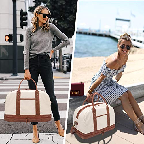 Weekender Bag for Women Canvas Overnight Bag Large Travel Bags for Women Carry on Shoulder Duffle Bag With Shoe Compartment,Perfect for Travel/Daily Use/Birthday Gift (Beige)