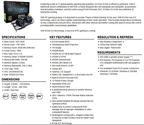 EVGA GeForce GTX 1070 FTW2 Gaming Optimized Airflow Design Graphics Card