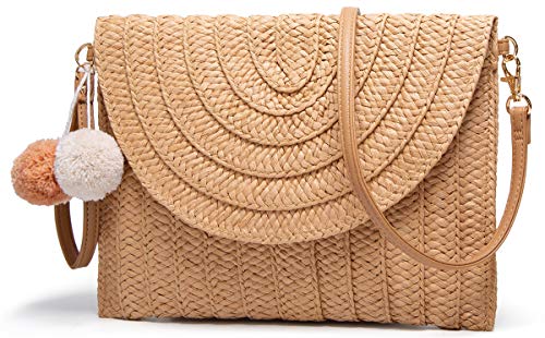 Straw Shoulder Bag Straw Clutch Women Hand-woven Straw Crossbody Bag Summer Beach Envelope Purse Wallet Khaki