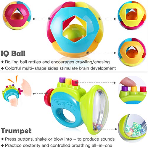 iPlay, iLearn 10pcs Baby Rattle Toy Set - Shakers, Teethers, and Musical Toys for Early Education