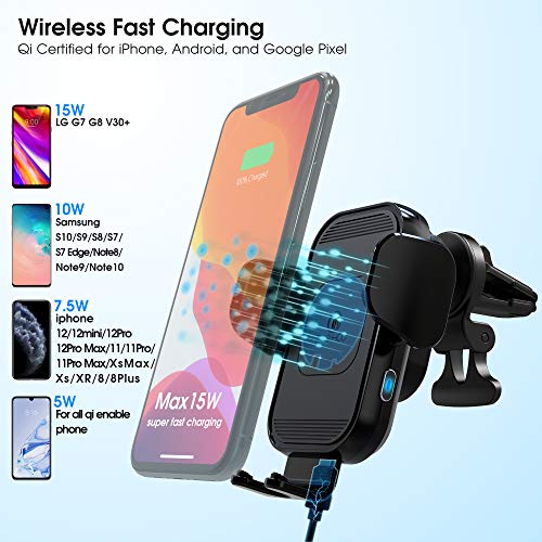 ZeeHoo Wireless Car Charger - Upgraded 15W Auto-Clamping Mount for iPhone 13/12/11 and Samsung S21, Black