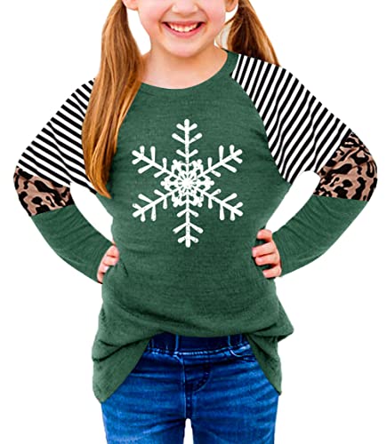 Christmas Long Sleeve Shirt (Girls, Xmas Snowflakes, Green, Raglan Tunic Top, 8 Years)