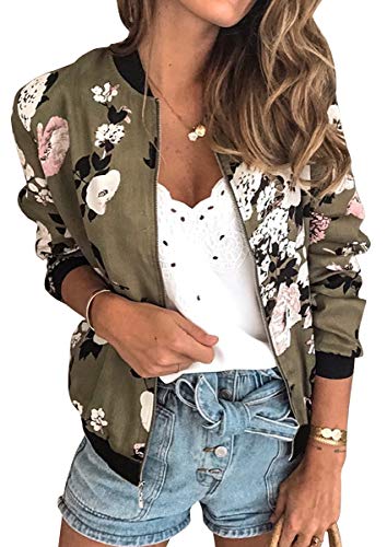 ECOWISH Women's Floral Zip Up Bomber Jacket