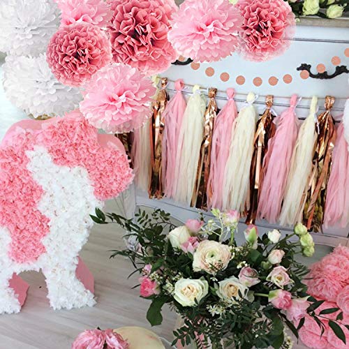 Pink Rose Gold Birthday Party Decorations Set, Rose Gold Glittery Happy Birthday banner, Tissue Paper Pom, Circle Dots Garland and Tassel Garland for Birthday Party Decorations