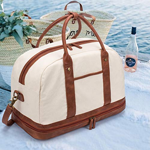 Weekender Bag for Women Canvas Overnight Bag Large Travel Bags for Women Carry on Shoulder Duffle Bag With Shoe Compartment,Perfect for Travel/Daily Use/Birthday Gift (Beige)
