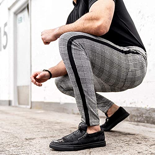 Mens Plaid Pants Slim Tapered Fit Casual Stretch Flat-Front Expandable Waist Checkered Dress Pants (Black Tape Side, XXLarge)