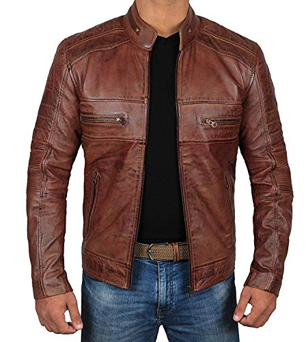 Brown Moto Leather Jacket Mens - Quilted Men lambskin Leather Jackets | [1100064] Austin Brown, L