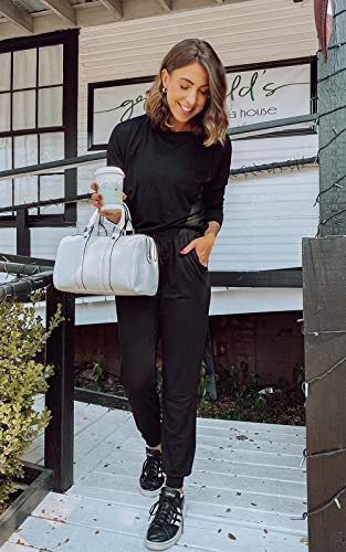 Women's Black Sweatsuit with Crewneck Top and Long Pants