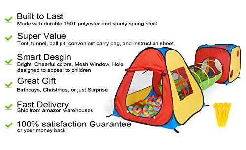 UTEX 3-in-1 Pop Up Play Tent with Tunnel and Ball Pit for Kids