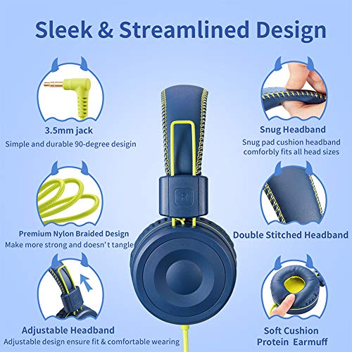 POWMEE M1 Kids Wired Headphones, Foldable Adjustable Stereo On-Ear Headphone for Children (Blue)