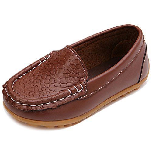 LONSOEN Boys Girls Soft Loafer Slip-On Shoes, Brown Synthetic Leather