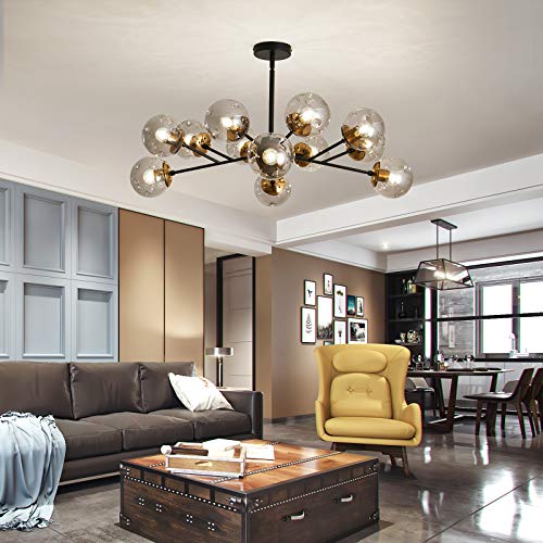 SZXYKEJI 12-Light Glass Chandelier，Large Chandeliers for High Ceilings， Rustic Ceiling Lighting Fixture Pendent Light for Kitchen Dining Room Living Room Bedroom Office （Black）.