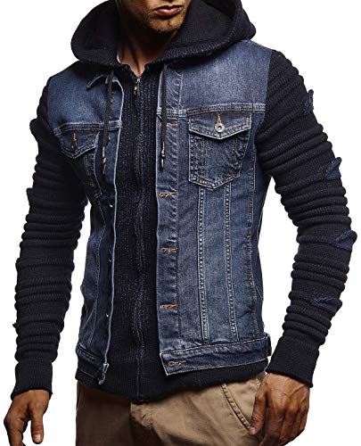 LEIF NELSON Men's Denim Jacket With Knitted Sleeves | Jeans Sweater Jacket With Hood| LN5755; Medium, Blue