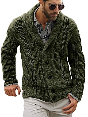 Men's Cable Knit Cardigan in Army Green
