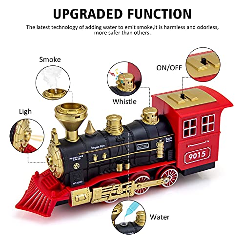 Hot Bee Train Set - Electric Train Toy for Boys Girls w/ Smokes, Lights & Sound, Railway Kits w/ Steam Locomotive Engine, Cargo Cars & Tracks, Christmas Gifts for 3 4 5 6 7 8+ year old Kids