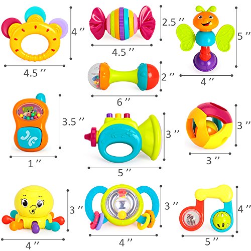 iPlay, iLearn 10pcs Baby Rattle Toy Set - Shakers, Teethers, and Musical Toys for Early Education