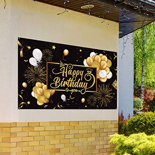 Happy Birthday Backdrop Banner Large Black Gold Balloon Star Fireworks Party Sign Poster Photo Booth Backdrop for Men Women 30th 40th 50th 60th 70th 80th Birthday Party Decorations, 72.8 x 43.3 Inch