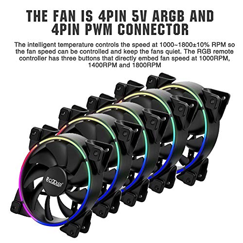 Pccooler 120mm Fan Moonlight Series 5 in 1 Kit Upgrade,PC-5M120 ARGB LED Computer Case Fan - PWM Cooling Fan - Dual Light Loop Quiet Fan/Multiple Light Modes with Wireless Controller for PC Case
