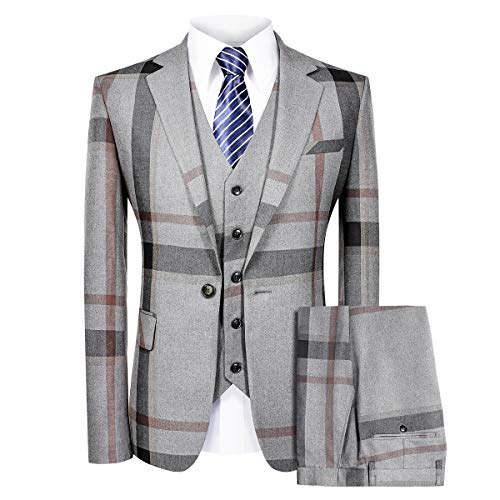 Men's Plaid 3 Piece Business Suit, Grey