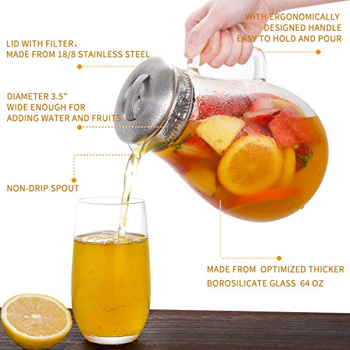 HIWARE 64 oz Glass Pitcher with Stainless Steel Lid, Cleaning Brush Included