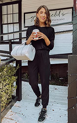 Women's Black Sweatsuit with Crewneck Top and Long Pants