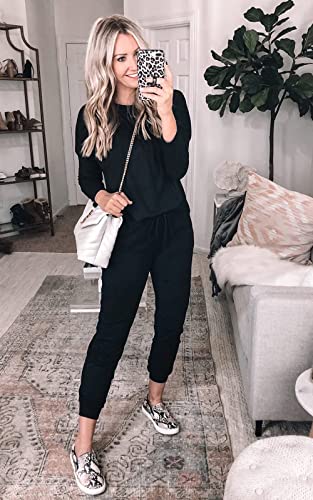 Women's Black Sweatsuit with Crewneck Top and Long Pants