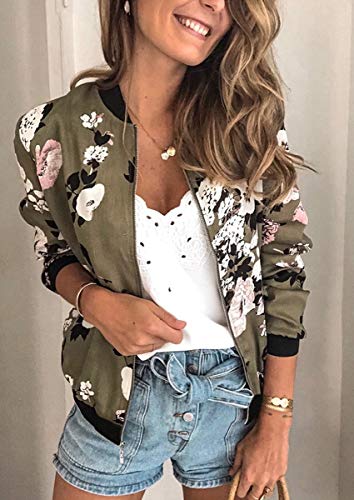 ECOWISH Women's Floral Zip Up Bomber Jacket