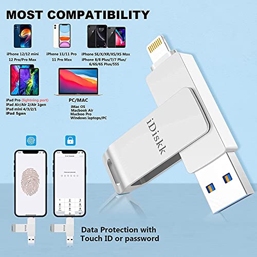 iDiskk 128GB MFi Certified Photo Stick Mobile for iPhone Flash Drive for iPhone 13/13 pro/12/12 mini/12 pro max/11/11 pro/XR/X/XS for iPad,MacBook and PC Photo Storage for iOS iPhone Memory Stick