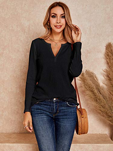 Waffle Knit Long Sleeve V-Neck Tee for Women
